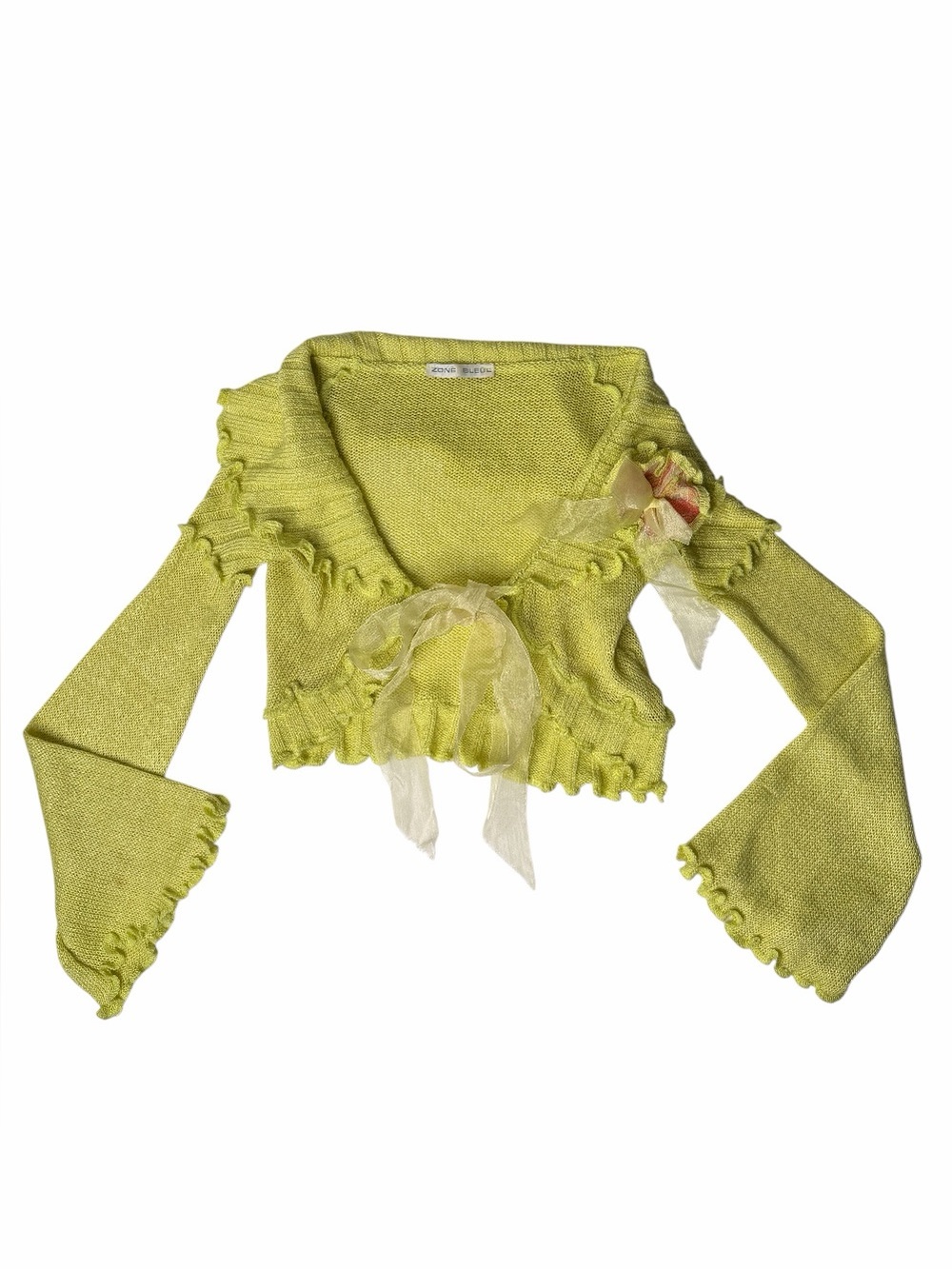 Rare Zone Bleue Lime Green Knit Crop Bolero Shrug Organza Ribbon Y2K